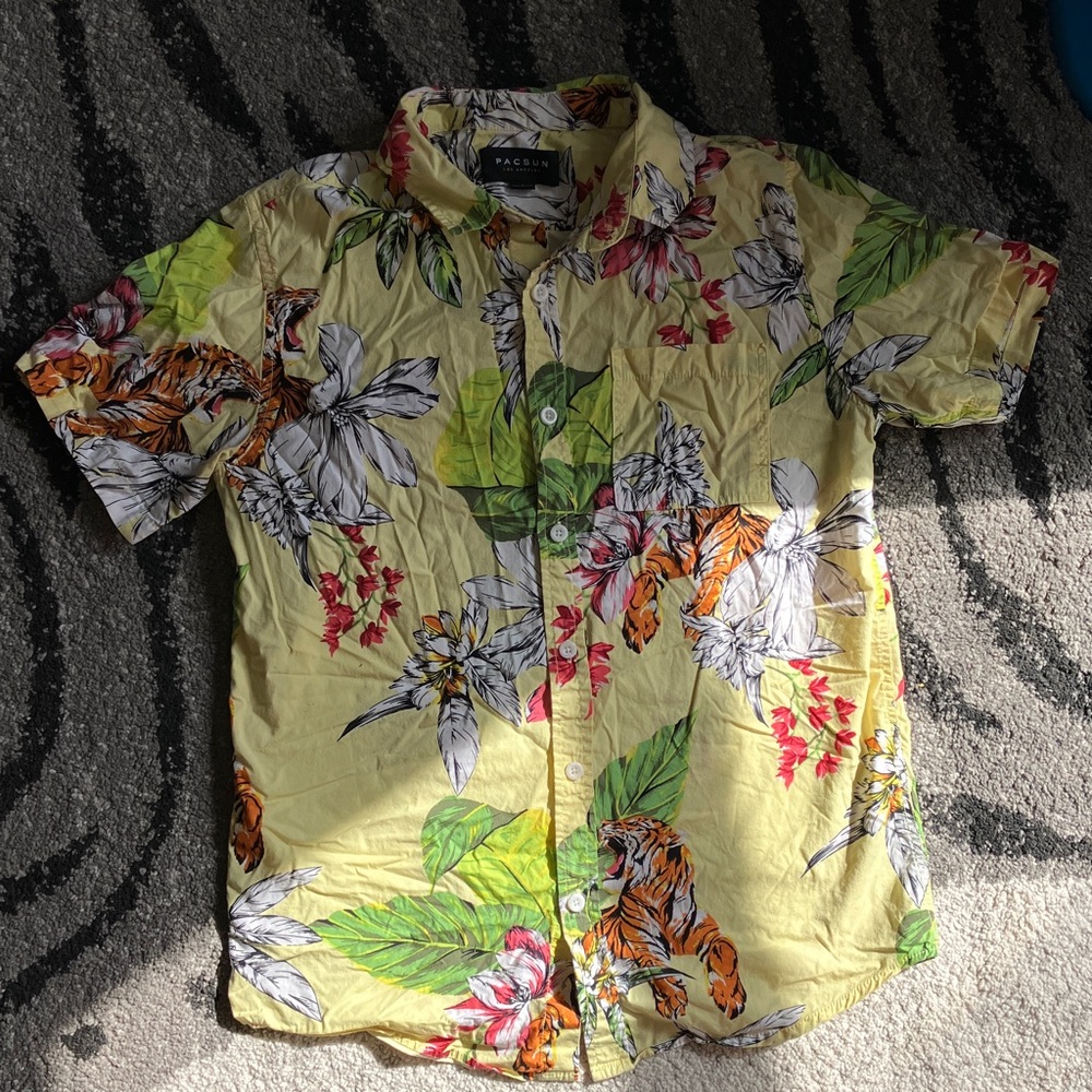 PacSun Men's Vibrant Yellow Floral and Tiger Shirt